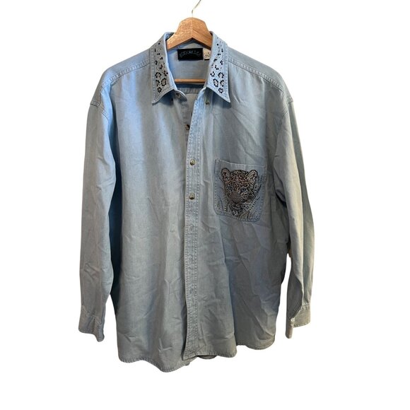 Sprinkles Long Sleeve Blue Denim Button-Down Shirt Cheetah Design Women's Size L - Picture 1 of 4
